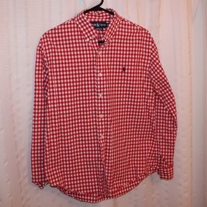 Red and White Checkered Polo Button Up Long Sleeve